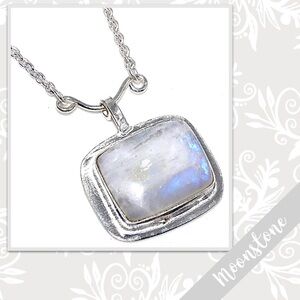 Rainbow Moonstone Large Silver Artisan Heart Necklace, 19” (Blue, Purple flash)